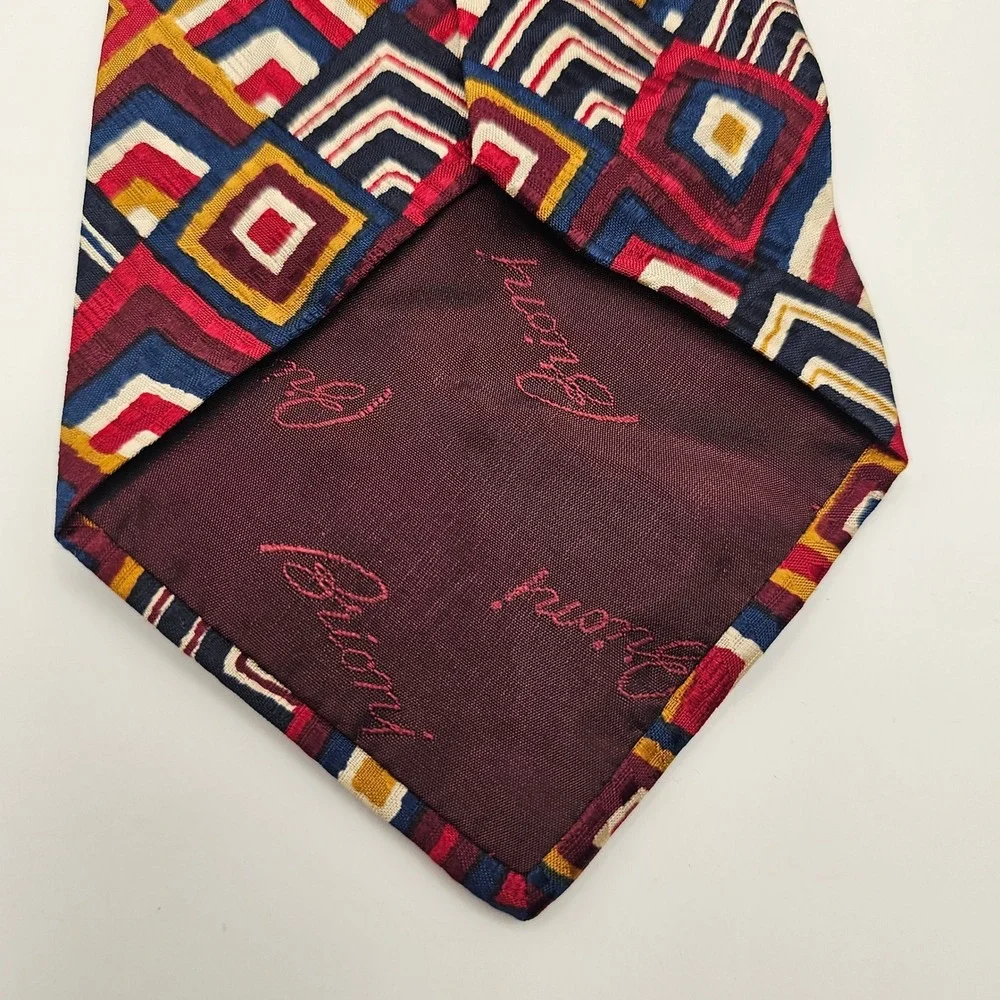 Brioni Silk Tie Italy Geometric Diamond Retro‎ Vintage Burgundy Gold Designer